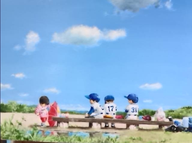 櫻井幸雄 額縁付き複製画 少年野球「出番のないベンチ (雲の下の